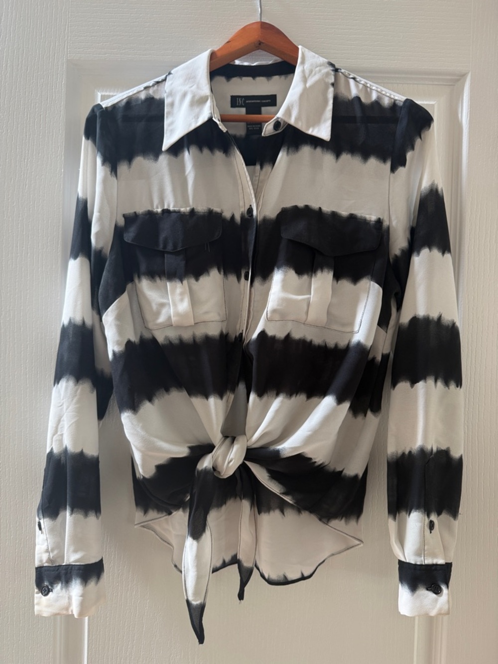 INC International Concepts Black and White Tie-Front Button Down Shirt